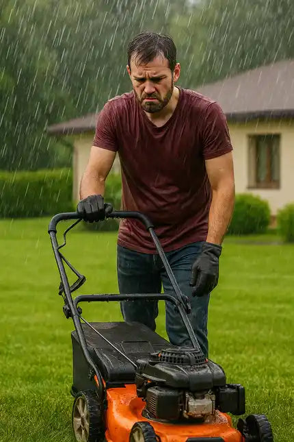 Homme tondant sa pelouse manuellement sous la pluie, trempé et contrarié, sans robot tondeuse sans fil périphérique