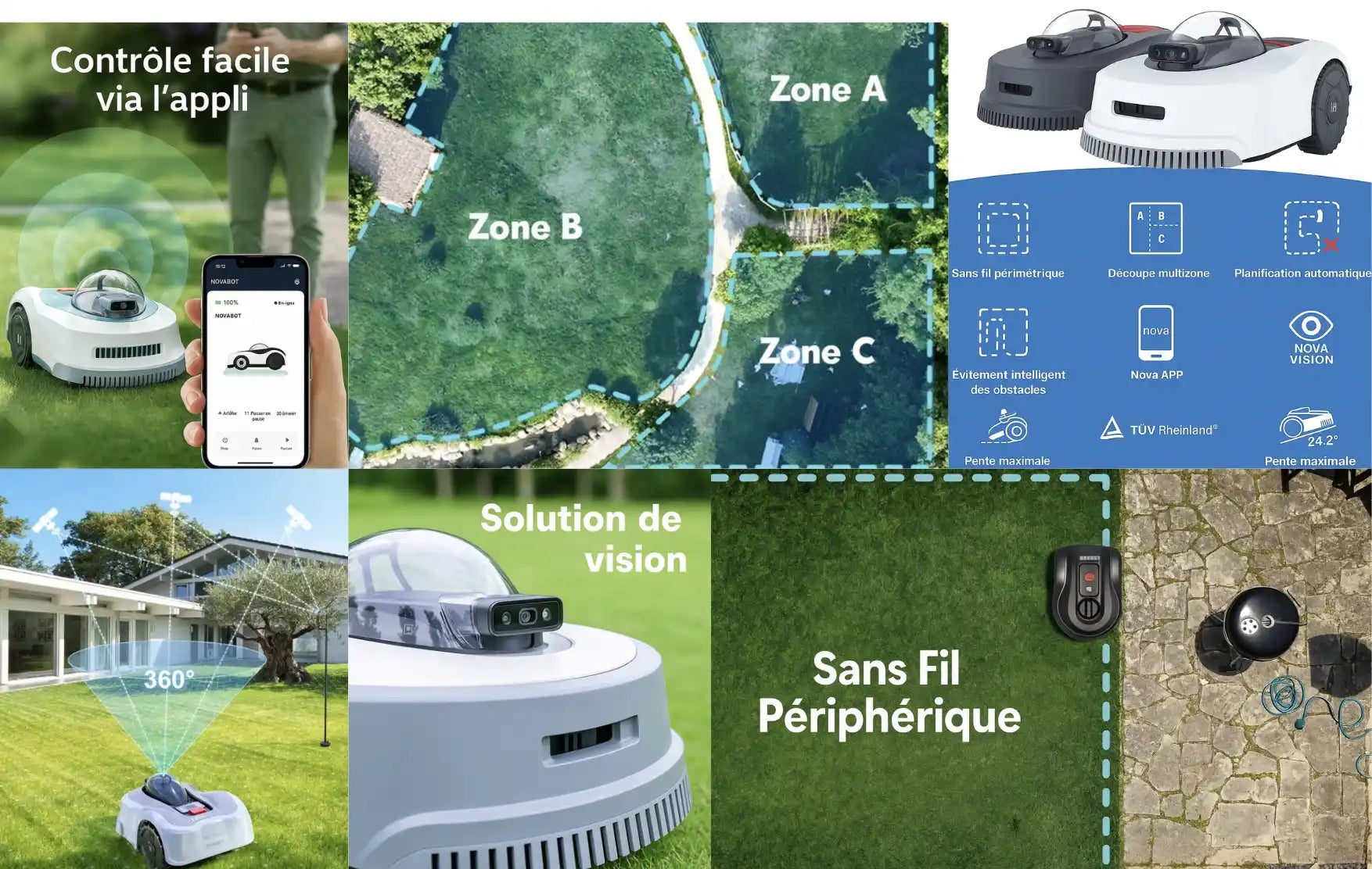 Fonctionnalités du robot tondeuse sans fil périphérique : contrôle via appli, découpe multizone, vision 360°, sans câble périphérique