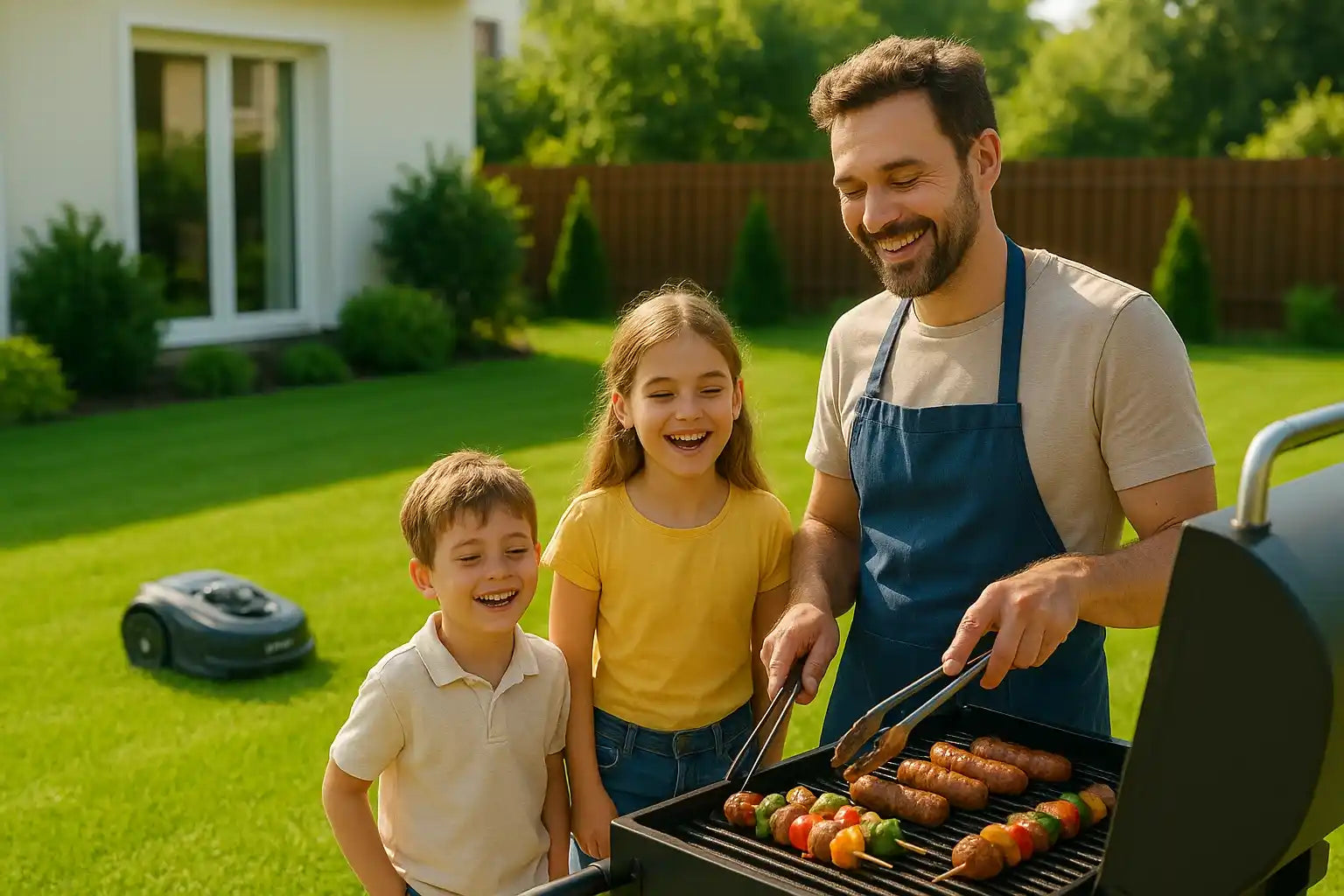 Homme détendu faisant un barbecue avec ses enfants pendant que son robot tondeuse sans fil périphérique tond automatiquement la pelouse