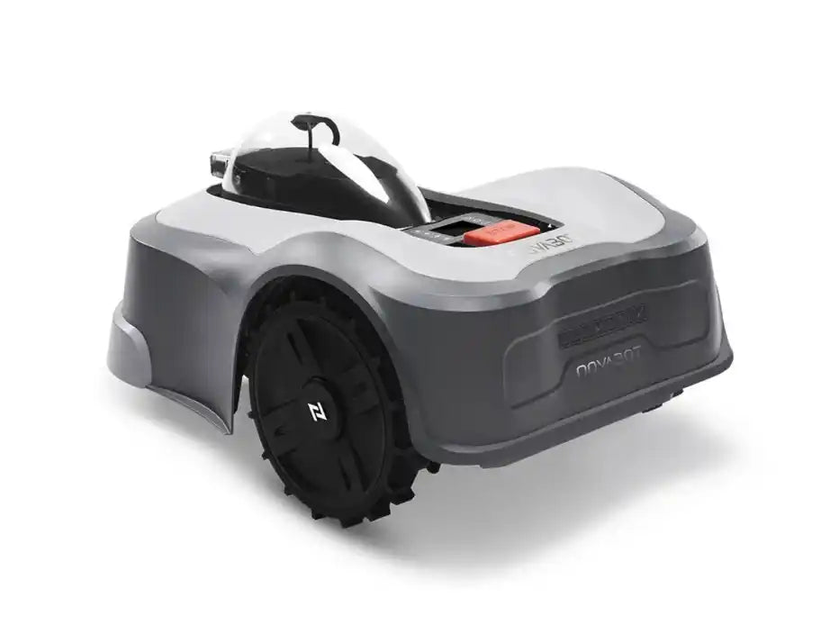 Robot tondeuse sans fil périphérique vue arrière côté, équipé de lames rétractables et capteurs anti-collision